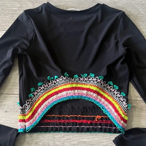 Alice + Olivia Delaina Black Top with Colorful Embroidery - Picture 5 of 5